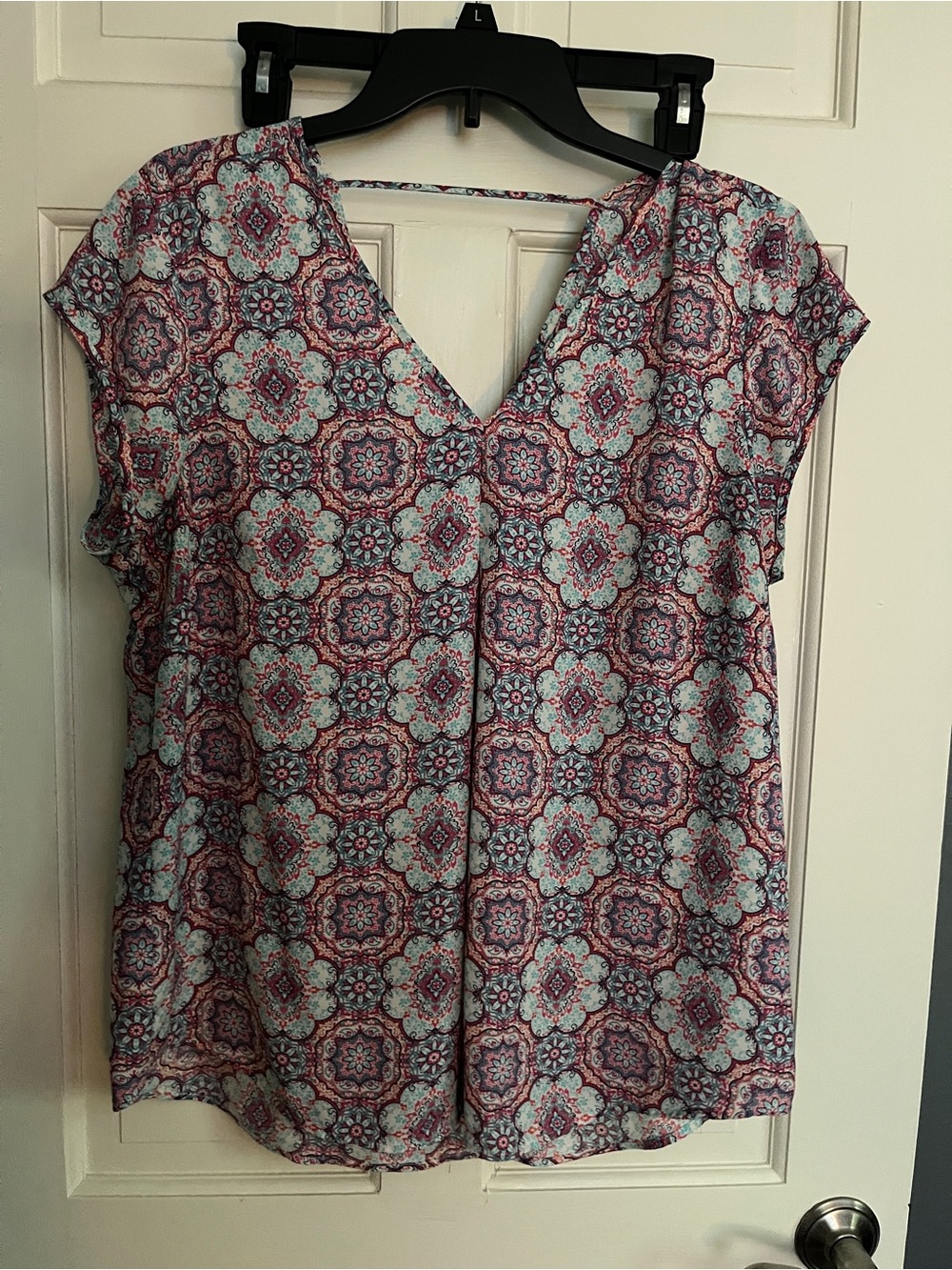 DR2 V-Neck Cap Sleeve Blouse in Teal & Pink Medallion Print